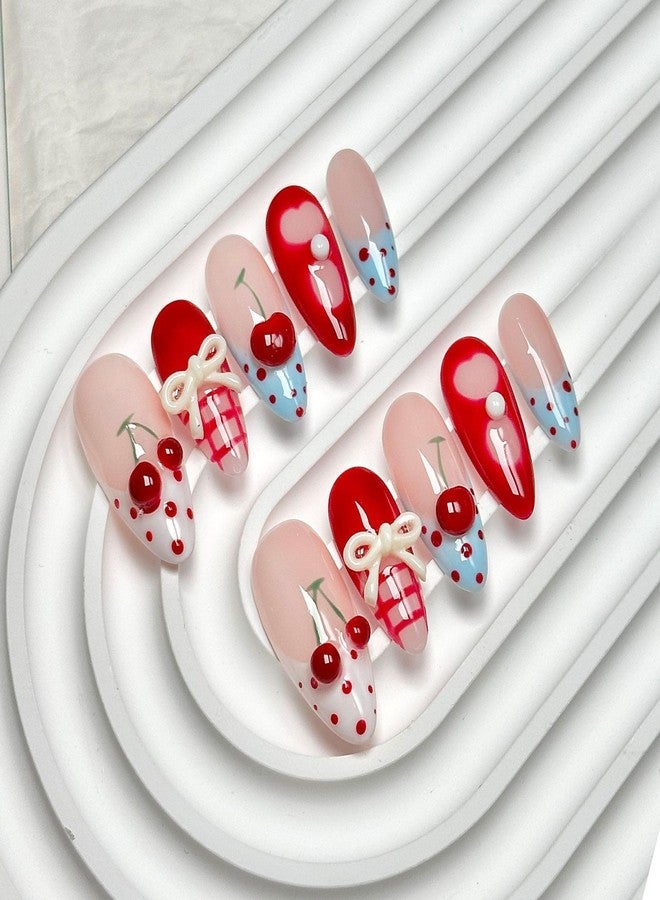 CTTHNBD Medium Press on Nails Almond - Handmade Fake Nails with 3D Bow Cherry Design - Red Full Cover Glue on False Nails for Women - (Size M) - Image 1